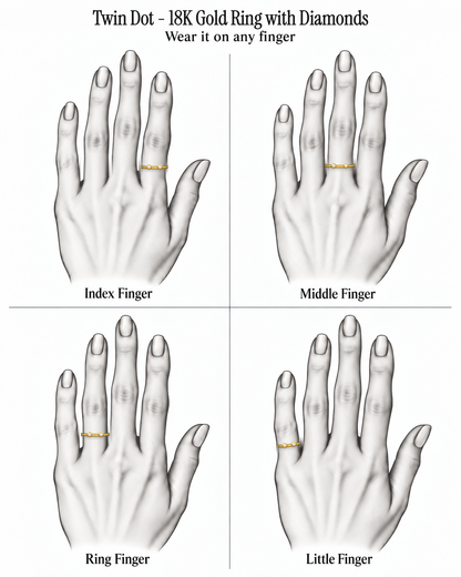 Twin Dot - 18K Gold Ring with Diamonds by Bed of Stones Jewelry, illustration showing ring placement