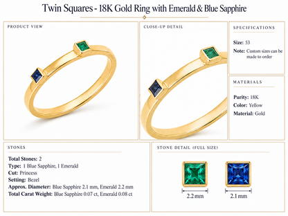 Twin Squares - 18K Gold Ring with Emerald & Blue Sapphire by Bed of Stones Jewelry, product dimensions and stone details diagram