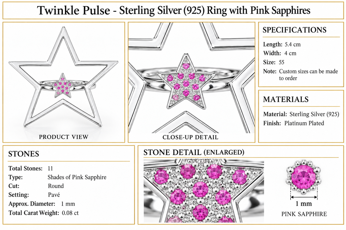 Twinkle Pulse - Sterling Silver (925) Ring with Pink Sapphires by Bed of Stones Jewelry, product dimensions and stone details diagram