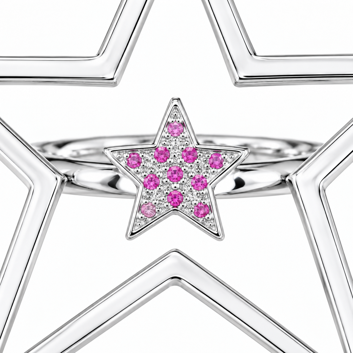 Close-up of round-cut pink sapphire pavé setting on Twinkle Pulse Sterling Silver (925) Ring by Bed of Stones Jewelry