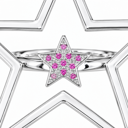 Close-up of round-cut pink sapphire pavé setting on Twinkle Pulse Sterling Silver (925) Ring by Bed of Stones Jewelry