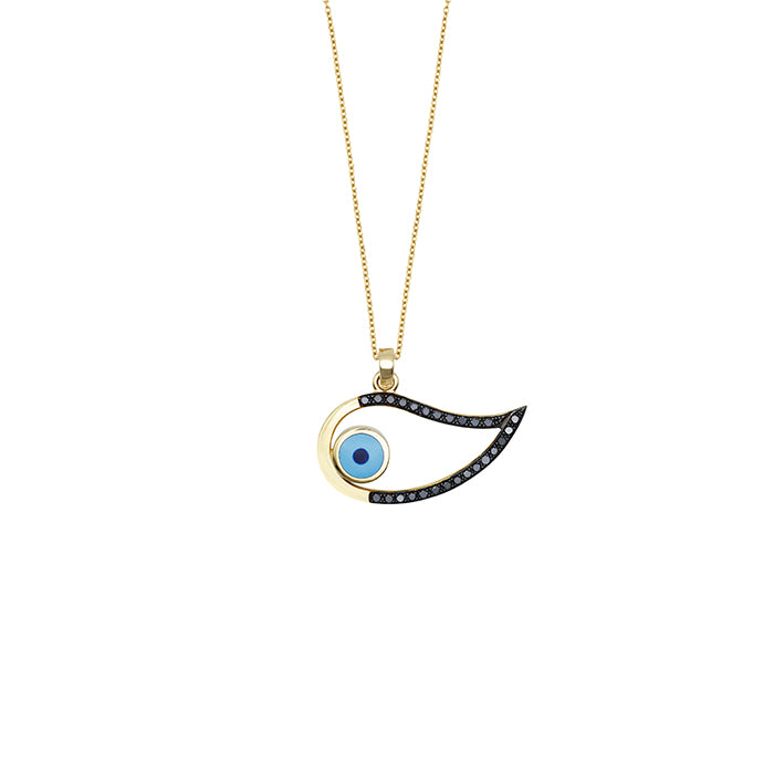 Eye charm in 18k Yellow Gold & Enamel  ,0.312 ct black  diamonds ,  eye shape Γούρι ματιών σε κίτρινο χρυσό & σμάλτο 18k, 0.312 ct μαύρα διαμάντια, σχήμα ματιών