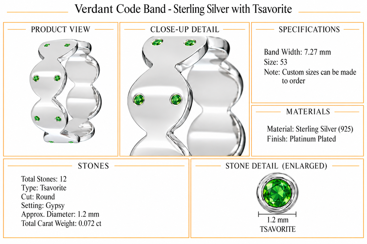 Verdant Code Band - Sterling Silver with Tsavorite by Bed of Stones Jewelry, product dimensions and stone details diagram