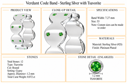 Verdant Code Band - Sterling Silver with Tsavorite by Bed of Stones Jewelry, product dimensions and stone details diagram
