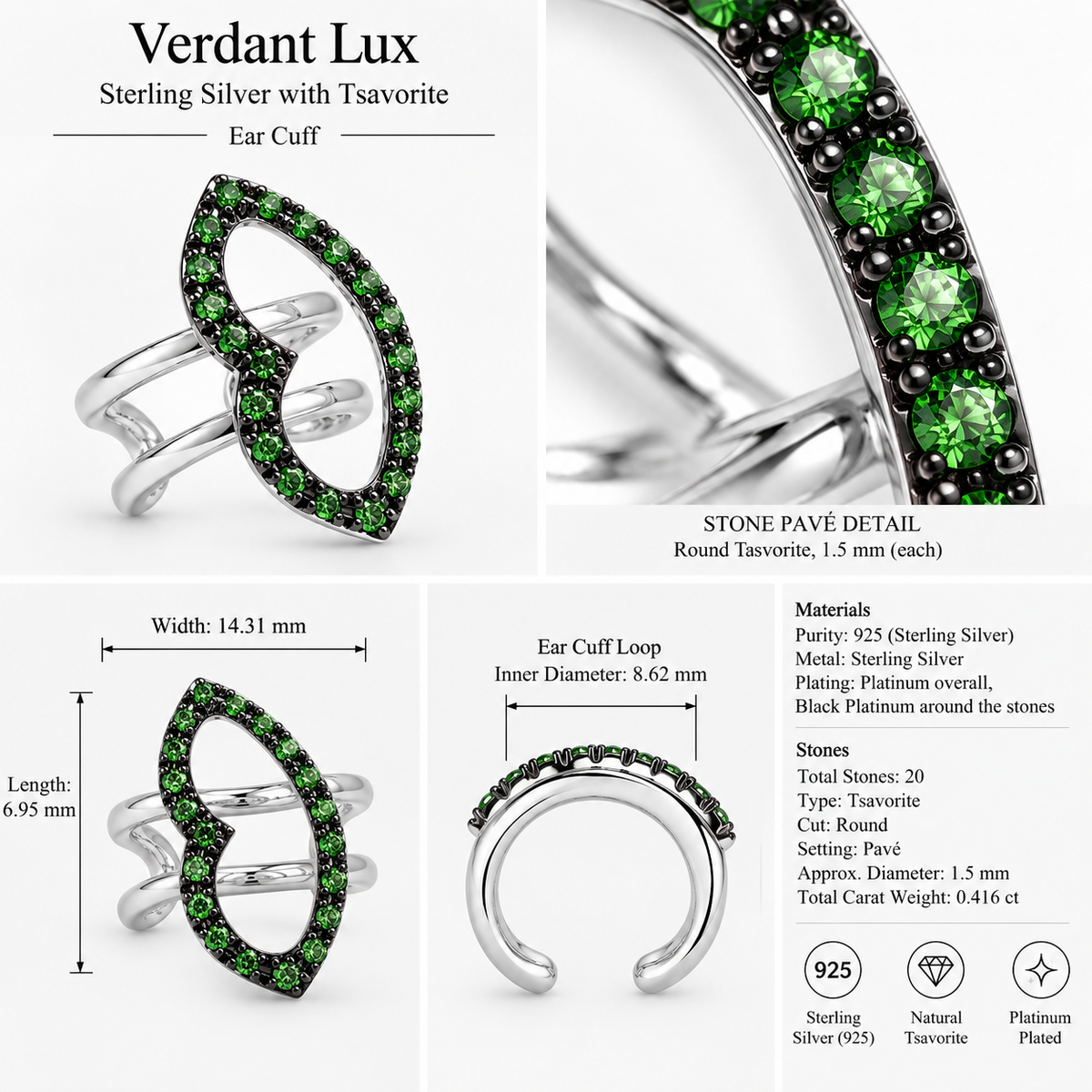 Verdant Lux Ear Cuff - Sterling Silver with Tsavorite by Bed of Stones Jewelry, product dimensions and stone details diagram