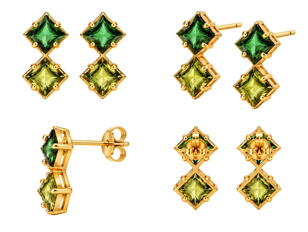 Verdant Twilight - 18K Gold Earrings with Green & Yellow-Green Tourmalines by Bed of Stones Jewelry, multi-angle product view