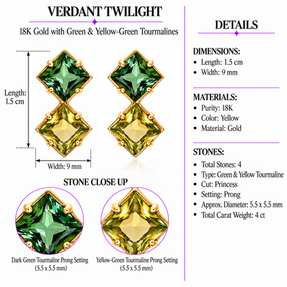 Verdant Twilight - 18K Gold Earrings with Green & Yellow-Green Tourmalines by Bed of Stones Jewelry, product dimensions and stone details diagram