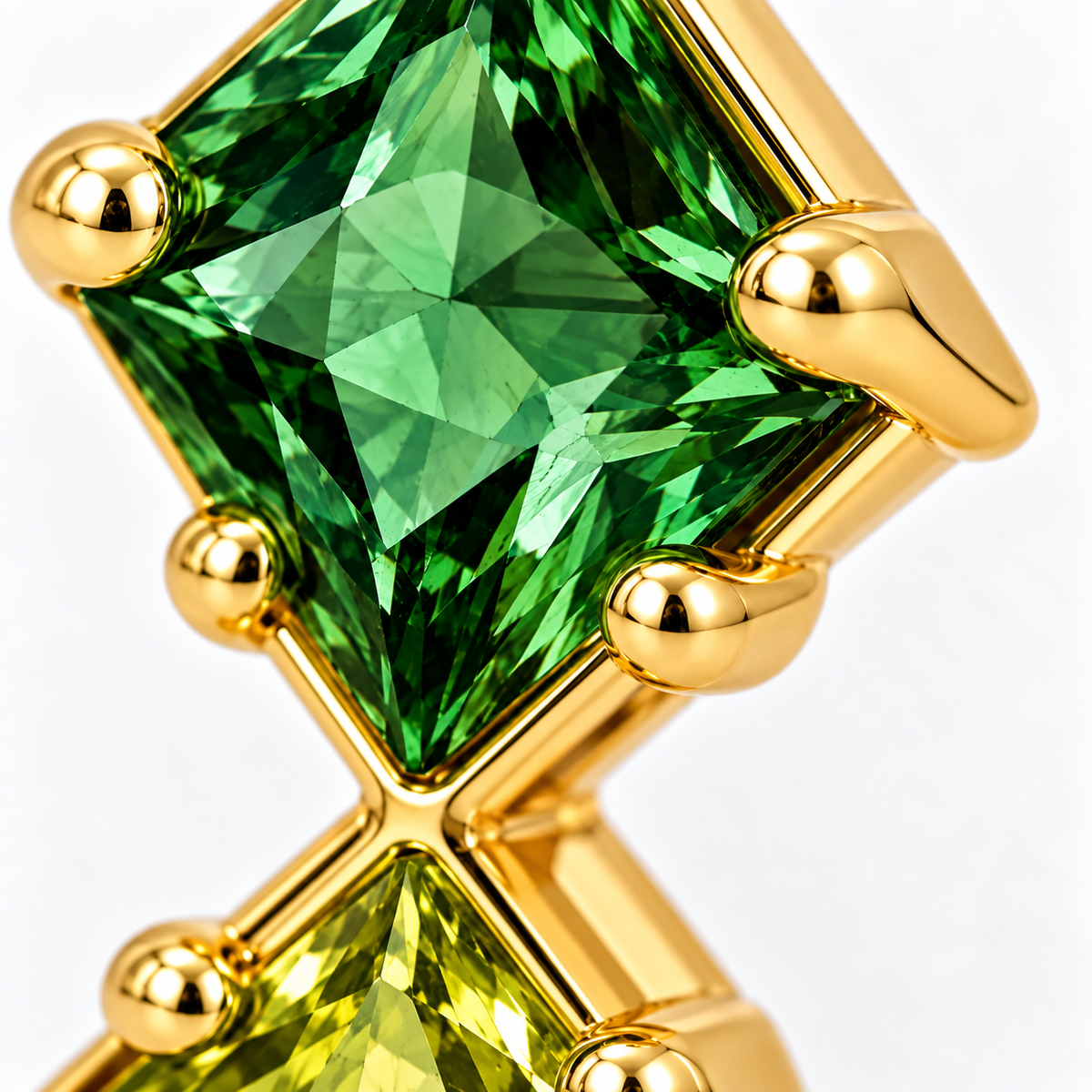 Close-up of green and yellow-green tourmaline prong setting on Verdant Twilight Earrings by Bed of Stones Jewelry