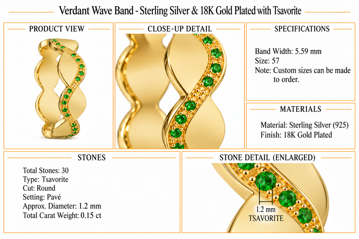 Verdant Wave Band - Sterling Silver & 18K Gold Plated with Tsavorite by Bed of Stones Jewelry, product dimensions and stone details diagram
