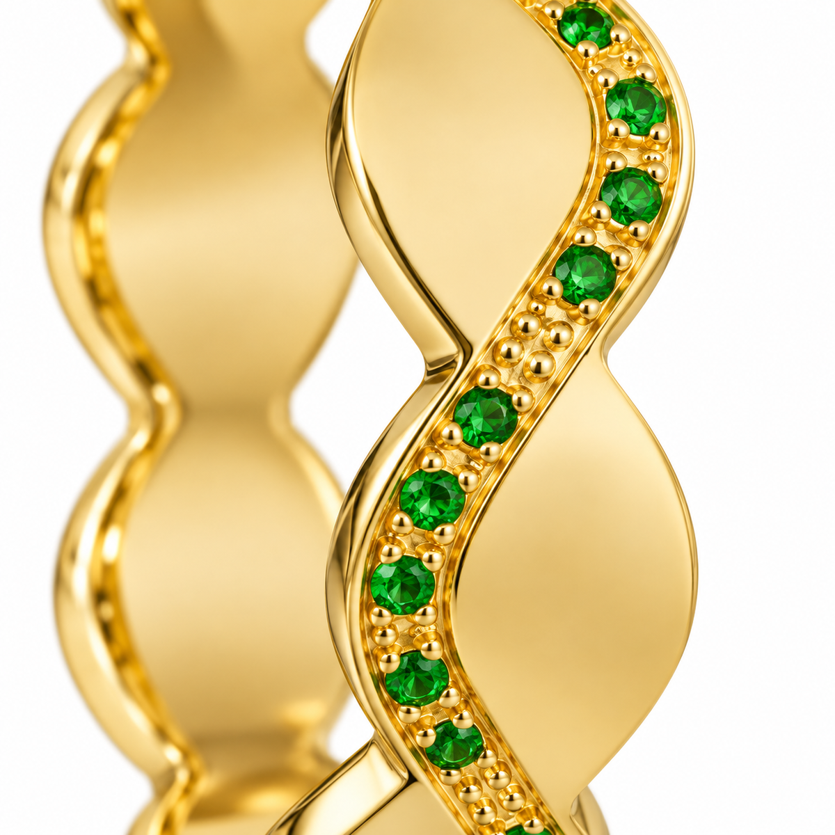 Close-up of round-cut tsavorite pavé setting on Verdant Wave Band Sterling Silver & 18K Gold Plated by Bed of Stones Jewelry