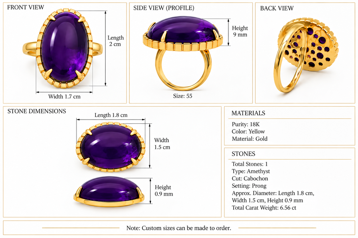 Violet Dome - 18K Gold Ring with Amethyst by Bed of Stones Jewelry, product dimensions and stone details diagram