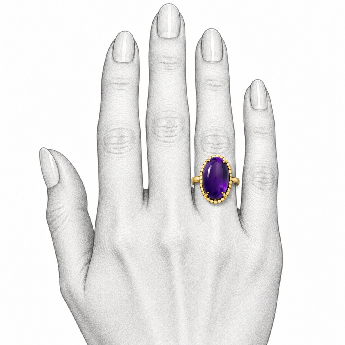 Violet Dome - 18K Gold Ring with Amethyst by Bed of Stones Jewelry, illustration showing ring placement