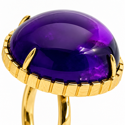 Close-up of cabochon-cut amethyst prong setting on Violet Dome 18K Gold Ring by Bed of Stones Jewelry