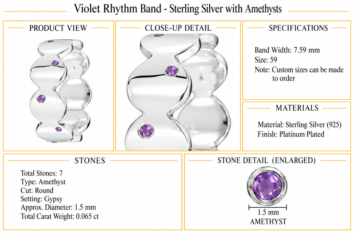 Violet Rhythm Band - Sterling Silver with Amethysts by Bed of Stones Jewelry, product dimensions and stone details diagram