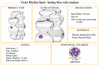 Violet Rhythm Band - Sterling Silver with Amethysts by Bed of Stones Jewelry, product dimensions and stone details diagram