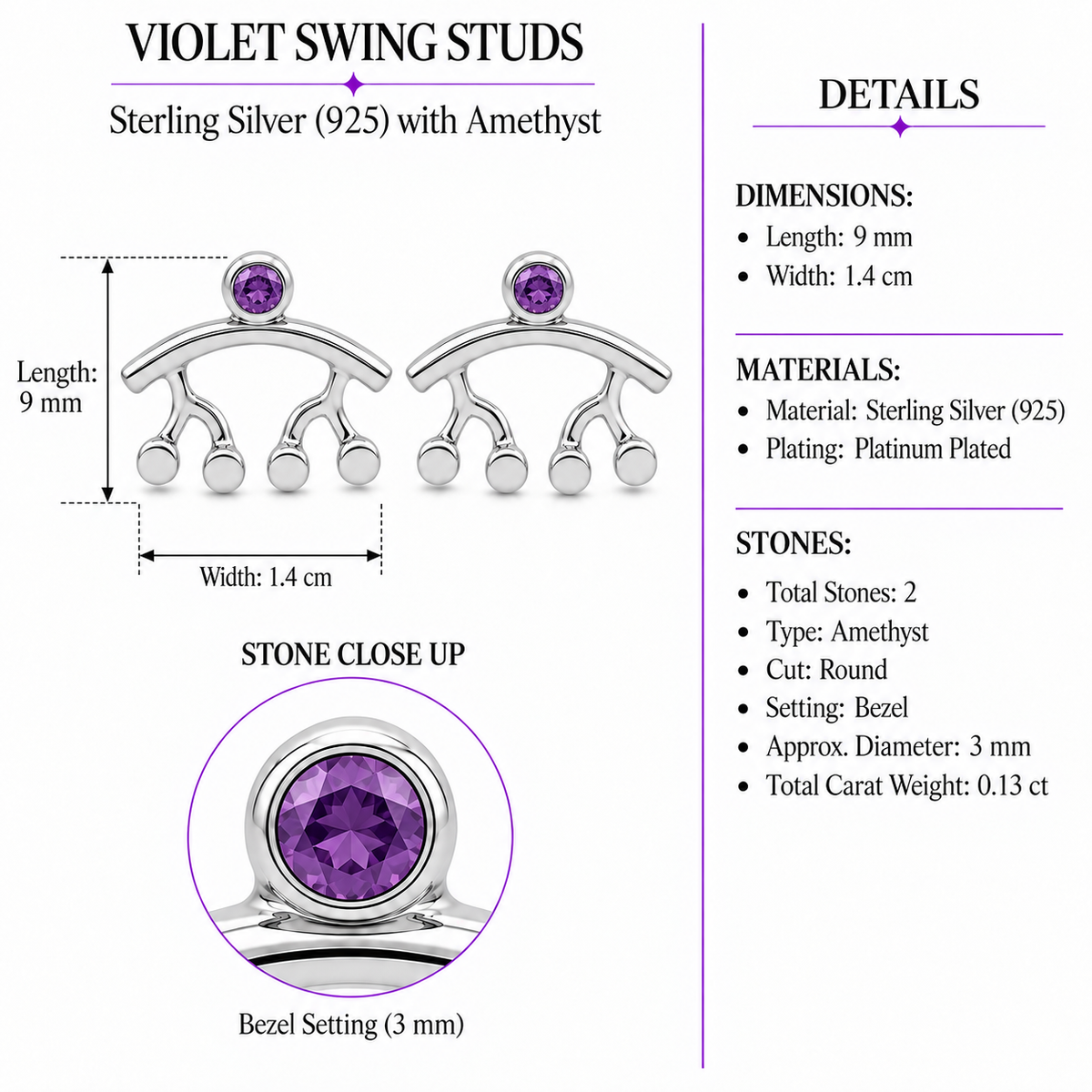 Violet Swing Studs - Sterling Silver (925) with Amethyst by Bed of Stones Jewelry, product dimensions and stone details diagram