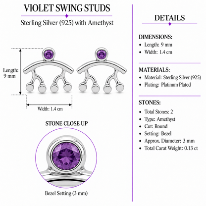 Violet Swing Studs - Sterling Silver (925) with Amethyst by Bed of Stones Jewelry, product dimensions and stone details diagram