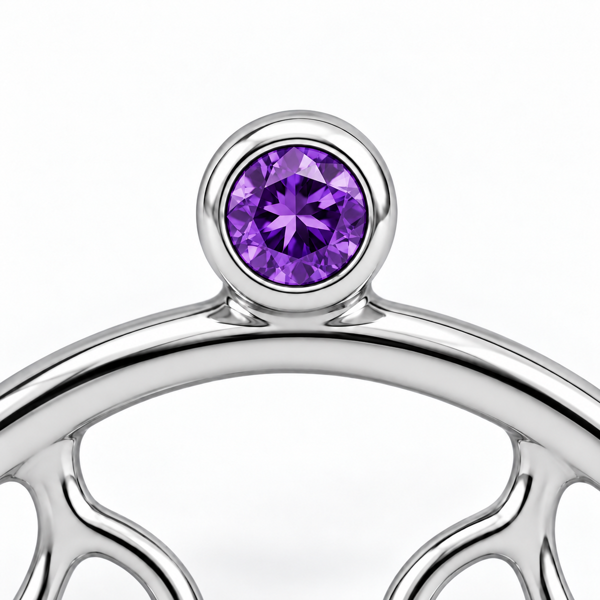 Close-up of amethyst bezel setting on Violet Swing Studs by Bed of Stones Jewelry