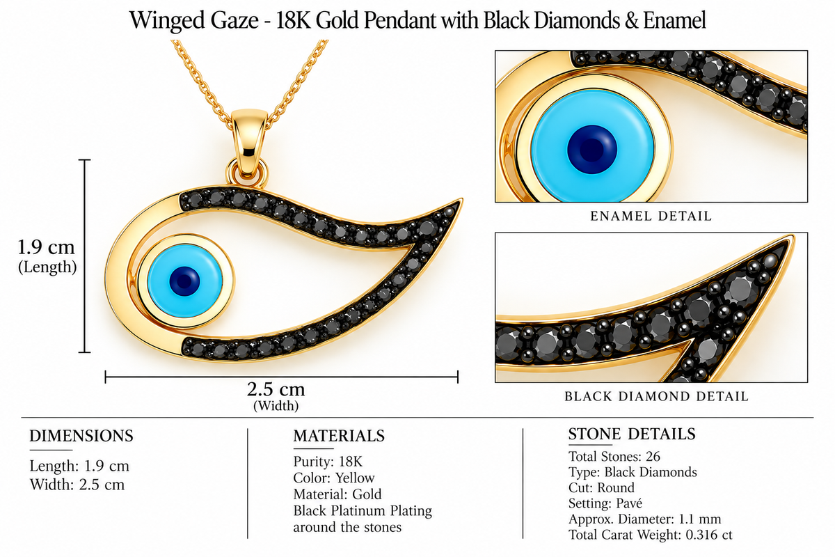 Winged Gaze - 18K Gold Pendant with Black Diamonds & Enamel by Bed of Stones Jewelry, close-up of black diamond pavé setting with product dimensions and stone details diagram