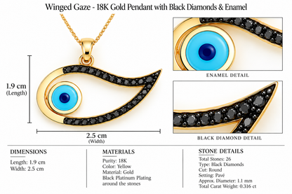 Winged Gaze - 18K Gold Pendant with Black Diamonds & Enamel by Bed of Stones Jewelry, close-up of black diamond pavé setting with product dimensions and stone details diagram