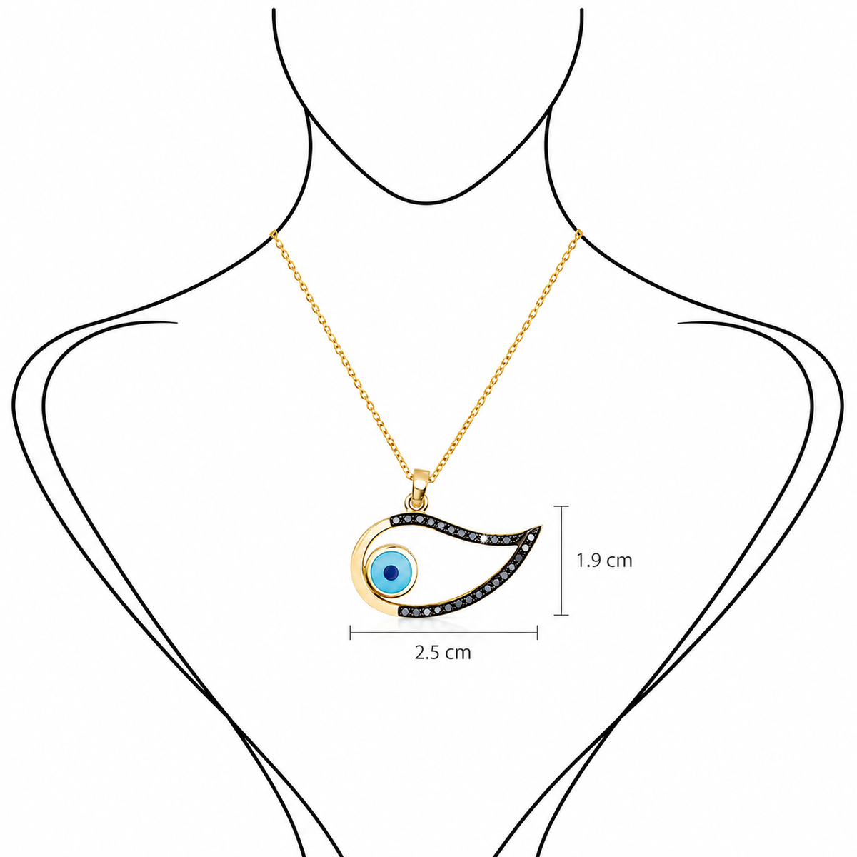 Winged Gaze - 18K Gold Pendant with Black Diamonds & Enamel by Bed of Stones Jewelry, illustration showing pendant placement