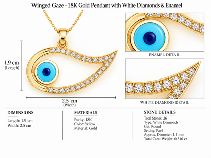 Winged Gaze - 18K Gold Pendant with White Diamonds & Enamel by Bed of Stones Jewelry, close-up of white diamond pavé setting with product dimensions and stone details diagram